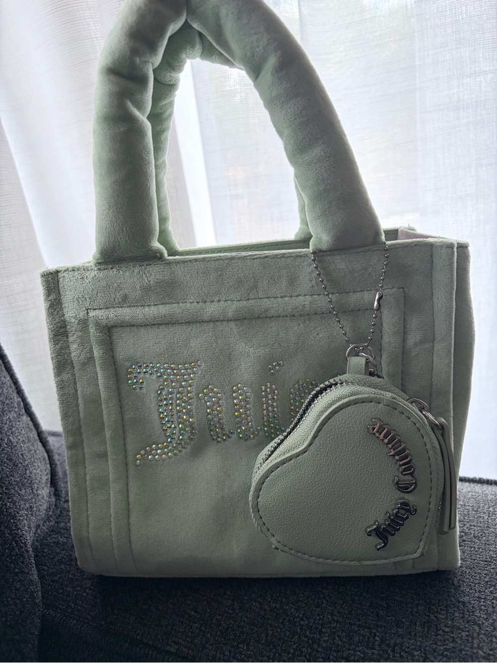 Juicy Couture Sage Green Plush Mini Tote with Heart Coin Pouch